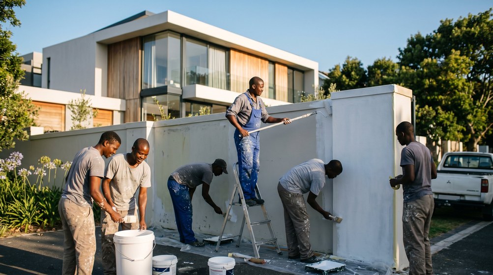 Professional team painting a boundary wall at a modern home in Bergvliet