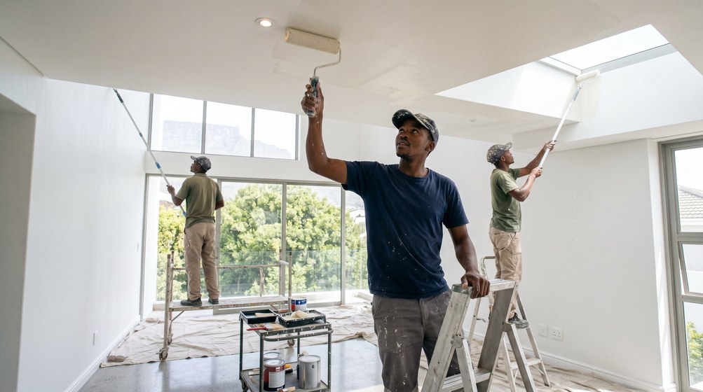 Professional ceiling painters rolling white paint onto a high ceiling in Bergvliet