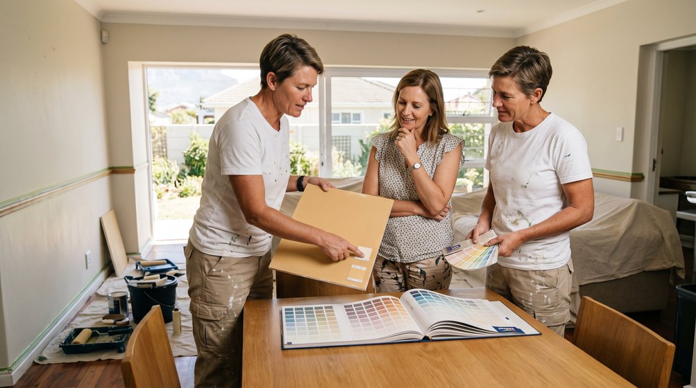 Professional colour consultant showing paint swatches to a homeowner in Bergvliet