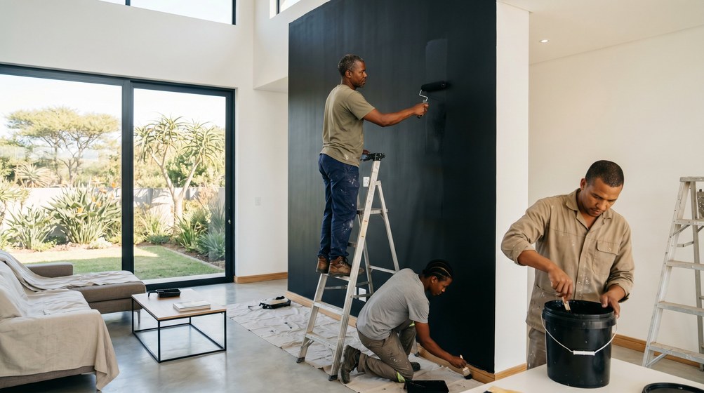 Professional painters creating a bold black feature wall in a modern Bergvliet home
