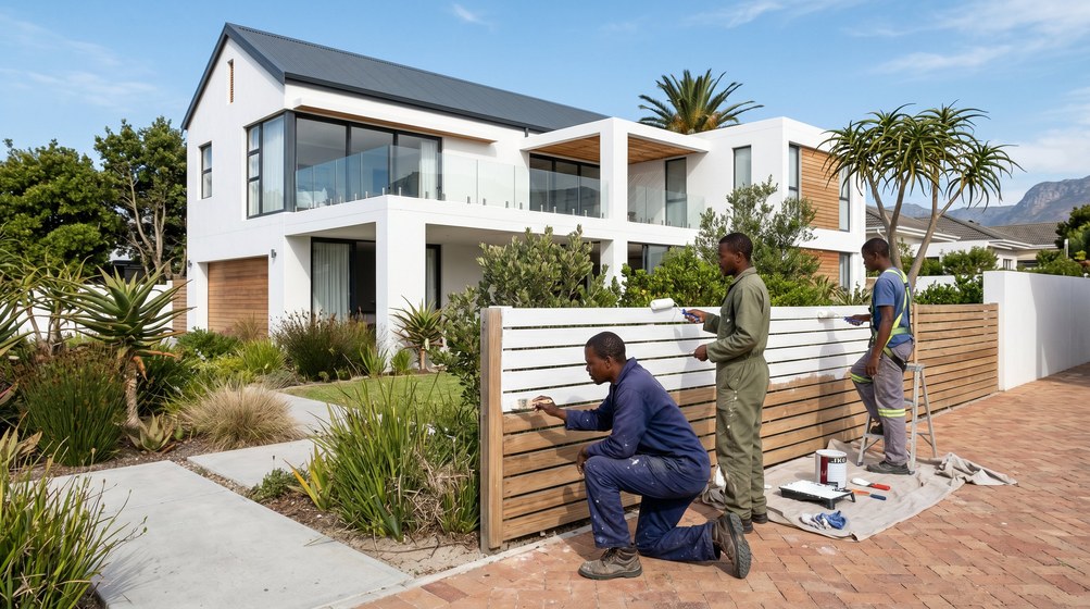 Professional fence painters painting a wooden fence at a coastal home in Bergvliet