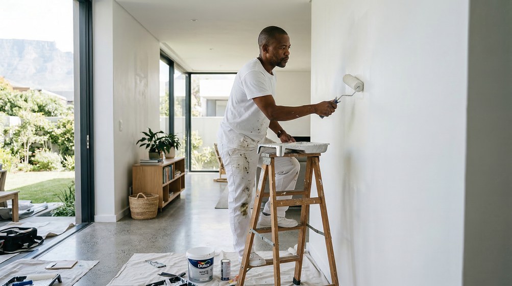 Professional interior painter in Bergvliet painting walls with a roller