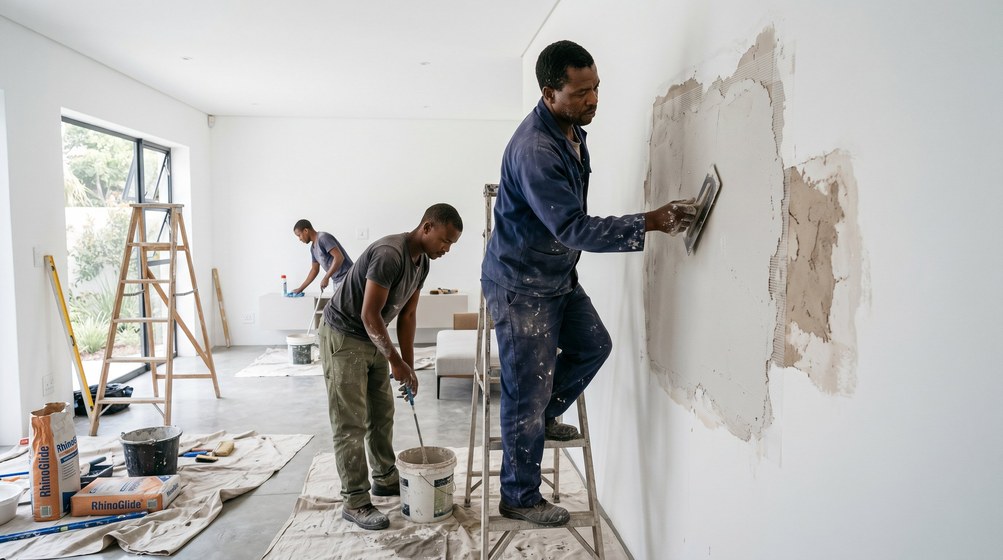 Professional plaster repair team skim coating damaged walls in Bergvliet