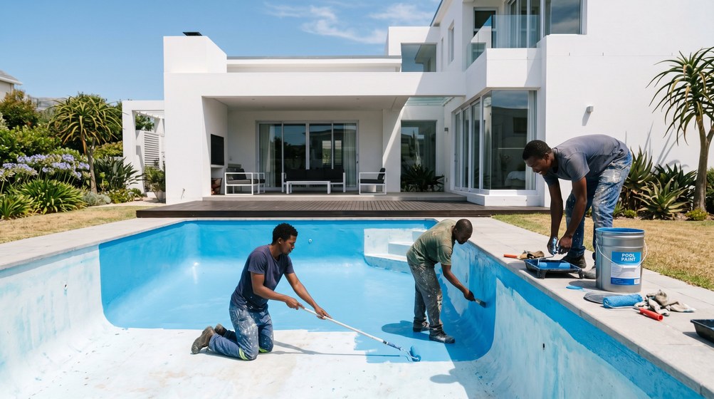 Professional pool painters applying blue pool paint to a swimming pool in Bergvliet
