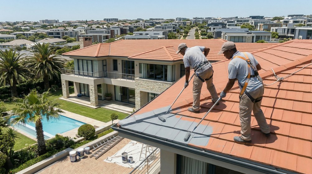 Professional roof painters applying waterproof coating to tiled roof in Bergvliet