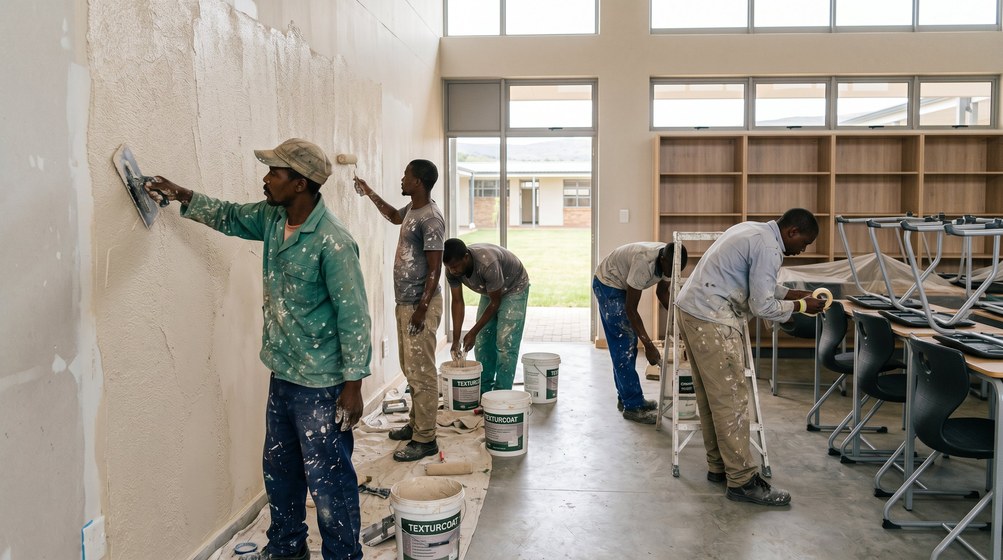 Professional texture coating team applying Texturcoat to interior walls in Bergvliet