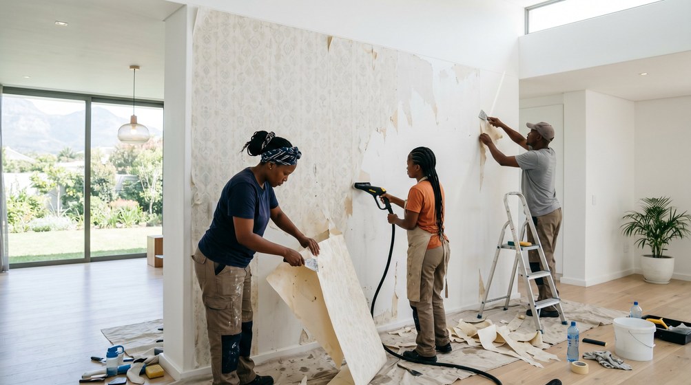 Professional wallpaper removal team stripping old wallpaper in a Bergvliet home