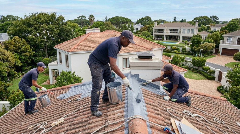 Professional waterproofing team applying membrane to roof in Bergvliet
