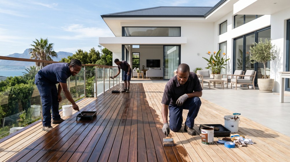 Professional wood staining team applying deck stain overlooking the ocean in Bergvliet
